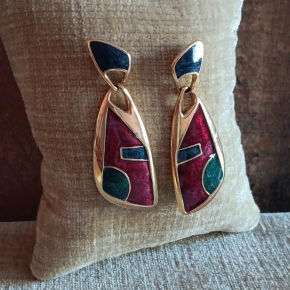 Gold Tone Jewel Tone Enamel Earrings - Picture 8 of 8